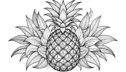 Obraz premium Black and white illustration of a pineapple surrounded by detailed leaves