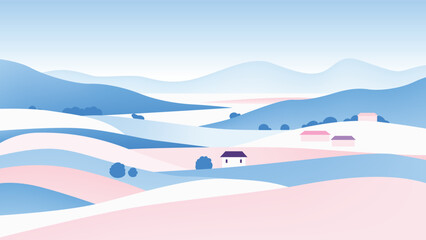 Minimalist rural village landscape with rolling hills in pastel blue and pink. Small houses and simple trees are scattered across a calm, layered countryside