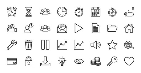 Fototapeta premium Business and productivity line icon set. Vector pictograms of clock, calendar, people, folder, chart, mail, wrench, credit card, and lock, thin outline illustration.