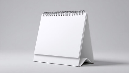 A blank white desk calendar with a spiral binding stands upright on a gray surface.