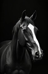Fototapeta premium Black horse with white stripe on face stands against dark backdrop. Animal shows elegance and power. Majestic equine portrait has clean lines and minimalist composition.