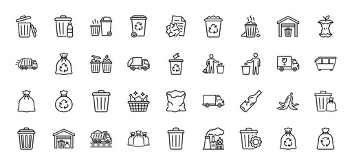 Waste management and recycling line icon set. Vector pictograms of trash cans, garbage trucks, bins, bags, bottles, paper, and organic waste, thin outline illustration.