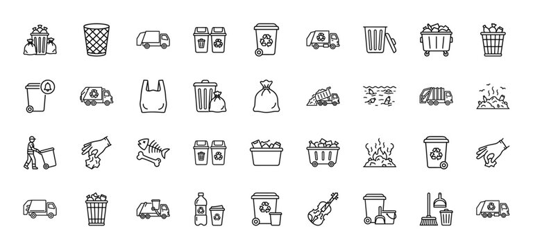 Waste management and recycling line icon set. Vector pictograms of garbage trucks, trash cans, plastic bags, bins, litter, and street sweeping, thin outline illustration.