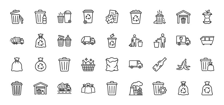Waste management and recycling line icon set. Vector pictograms of trash cans, garbage trucks, bins, bags, bottles, paper, and organic waste, thin outline illustration.