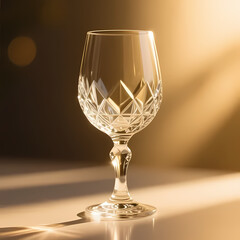Crystal wine glass highlighted by soft gold light, professional photo style