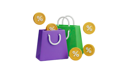 3D Shopping Bags with Percentage Coins for Sales and Discounts on transparent background