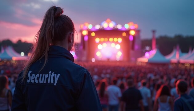 Woman security guard watches crowd at outdoor music festival. Stage lights glow, people enjoy event. Festival security staff ensures safety, crowd control during concert performance at night.