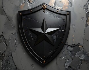 Black shield with a star emblem mounted on textured gray background