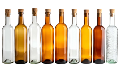 Row of sleek, varied glass bottles with corks on a black background