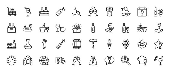 Naklejka premium Wine production and tasting line icon set. Vector pictograms of bottles, glasses, vineyard, corkscrew, barrel, grapes, and cellar, thin outline illustration.