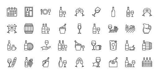 Naklejka premium Wine and viticulture icon set featuring vector pictograms of bottles, glasses, barrels, grapes, vineyard, cheers, and tasting snacks in a thin line style illustration.