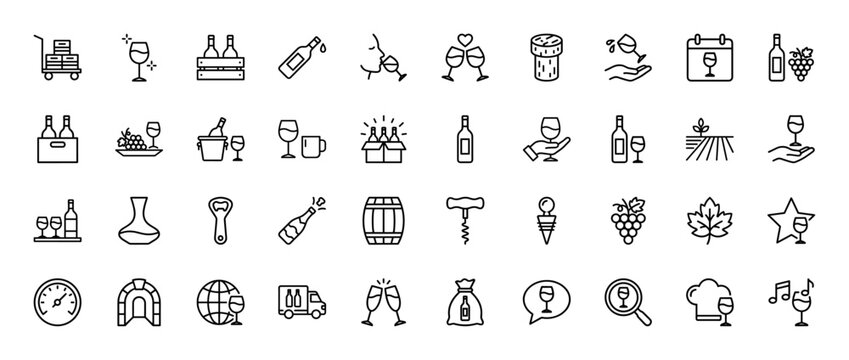 Wine production and tasting line icon set. Vector pictograms of bottles, glasses, vineyard, corkscrew, barrel, grapes, and cellar, thin outline illustration.