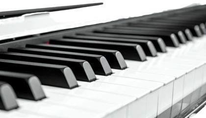 Angled shot of pristine black and white piano keys in clean focus