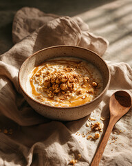 Butterscotch oatmeal in rustic ceramic bowl with golden swirls brown sugar and oat clusters styled with wooden spoon and linen napkin
