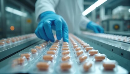 Pharmacist checks capsule packages on a production line. Worker in blue gloves inspects medicine blisters moving on conveyor belt. Pharmaceutical factory automation.