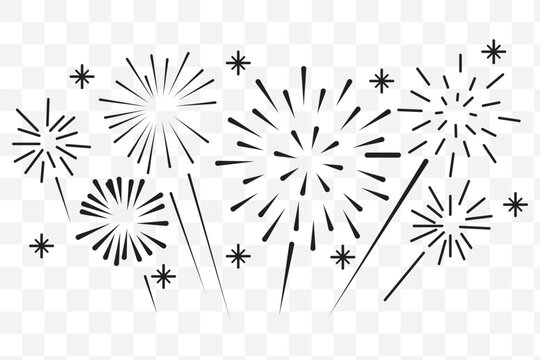 Fireworks black and white simple modern line art flat vector icons isolated on white background, Celebration banner elements design for Christmas, New year, Holiday, Anniversary, Party, Diwali