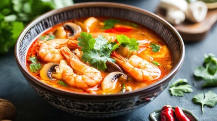 A vibrant Thai Tom Yum soup in a ceramic bowl, with shrimp, mushrooms, and galangal floating in the spicy and sour broth, garnished with fresh cilantro, aromatic and exotic, sharp focus.