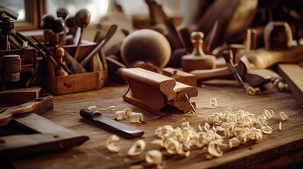 A woodworking scene with a beautifully crafted dovetail joint being assembled, wood shavings curled on the workbench, surrounded by hand planes and chisels, precision and craftsmanship, 