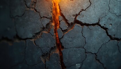 Deep fissure in dark rough ground with glowing orange lava visible below. Textured concrete surface split open, abstract disaster background.