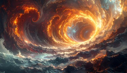 A breathtaking digital art piece of swirling, fiery clouds forming a vortex. It has vibrant hues and ominous atmosphere