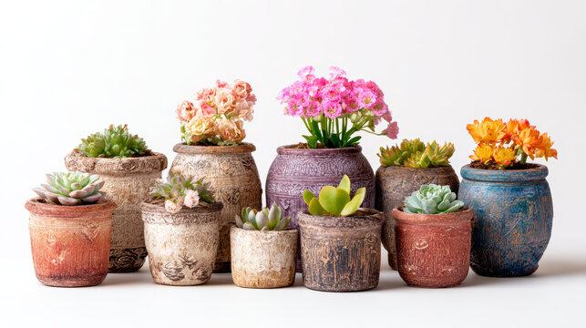 Collection of rustic clay pots in various sizes and colors containing different succulent plants and flowers