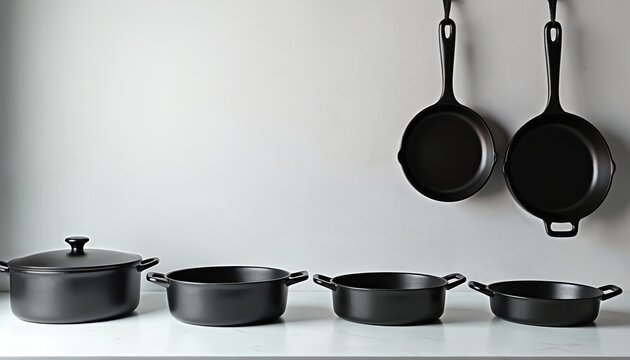 Black cast iron cookware set with skillets and pots arranged on counter and hanging on wall. Rustic kitchen decor displays functional cooking pots and pans for home chefs.