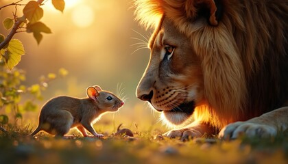 Lion and mouse gaze at each other in golden sunlight. Small rodent and large cat show unexpected connection in nature. Tiny creature meets mighty predator. Animals have peaceful moment outdoors. © Maryna