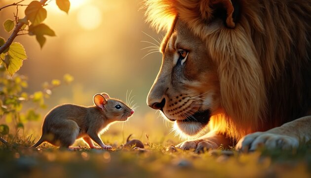 Lion and mouse gaze at each other in golden sunlight. Small rodent and large cat show unexpected connection in nature. Tiny creature meets mighty predator. Animals have peaceful moment outdoors.