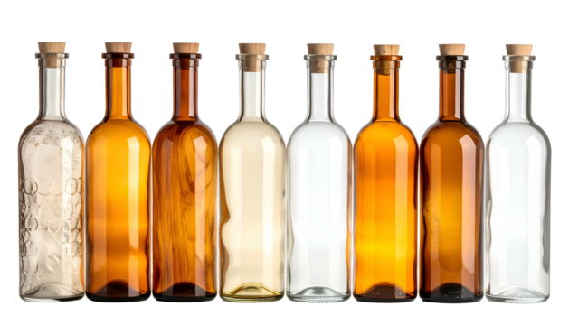 Varied, translucent bottles with corks, arranged in a neat row - Powered by Adobe