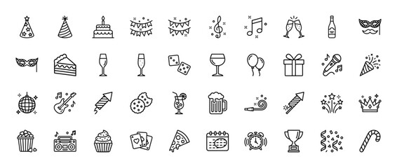 Party and celebration line icon set. Vector pictograms of birthday cake, gifts, balloons, cocktails, fireworks, and music instruments, thin outline illustration.