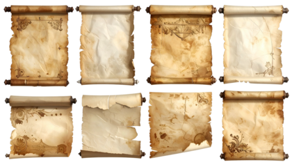 Assorted old, rolled parchment papers, some ornate, aged, tattered edges