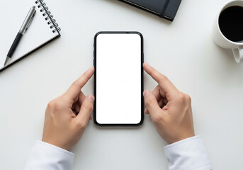 Person's hands holding a modern smartphone with a blank white screen, perfect for showcasing app interfaces, website designs, or digital content in a contemporary setting