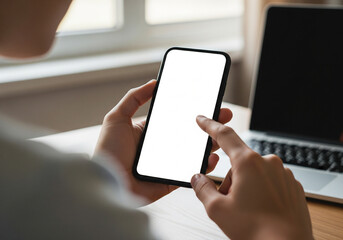 Person's hands holding a modern smartphone with a blank white screen, perfect for showcasing app interfaces, website designs, or digital content in a contemporary setting