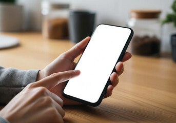 Person holds a smartphone with a blank white screen, perfect for showcasing mobile apps or digital content, highlighting personal technology and interactive connectivity