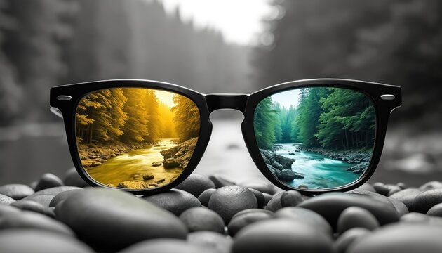 Black framed eyeglasses show a forest river scene. One lens displays a warm yellow hue, the other a vibrant blue green. Nature view through eyewear.