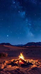 Bonfire beneath a starlit night in a desert landscape