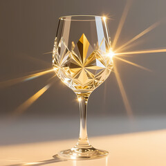 Wine glass with reflective crystal details, golden light rays, clean background