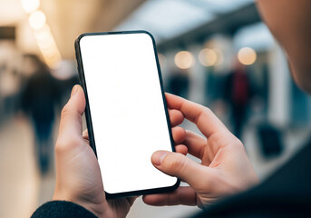 Close-up of hands holding and interacting with a modern smartphone with a blank white screen, perfect for mockup or content insertion