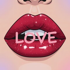 Illustration of glossy red lips with sparkles displaying the word LOVE in bold pink letters across the mouth