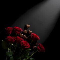 A dark dramatic setting features a cluster of vibrant red roses with lush green leaves