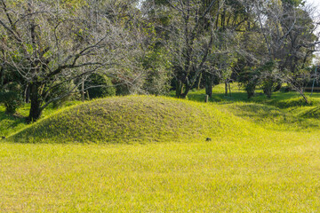 草に覆われた小さな古墳のある風景 Small ancient burial mound covered with grass