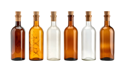 Six diverse-hued glass bottles, corked, stand in even spacing