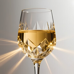 Wine glass with reflective crystal details, golden light rays, clean background