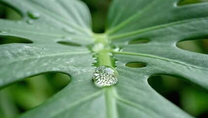 Vibrant green monstera leaf with a glistening water droplet rolling across its surface for organic purity concept and natural freshness in a tropical setting