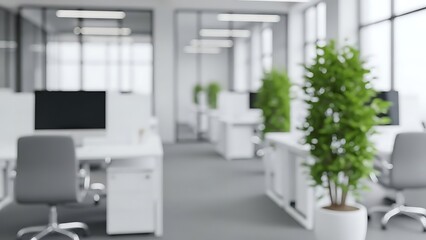 Blurred Modern Open Plan Office Interior with White Desks and Green Plants