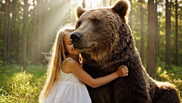 Young girl embracing a large brown bear in a magical sunlit forest for an unlikely friendship concept and peaceful coexistence