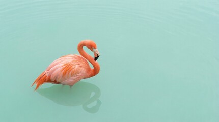 Graceful vibrant pink flamingo wading in tranquil turquoise water with copy space for elegant nature concept and wildlife beauty