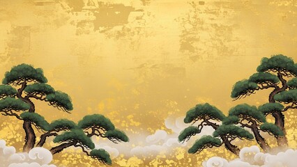 金箔背景に松が広がる和風高級イラスト
