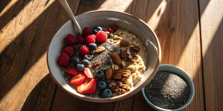 Healthy Oatmeal Breakfast Bowl with Berries and Nuts