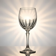 Wine glass with reflective crystal details, golden light rays, clean background